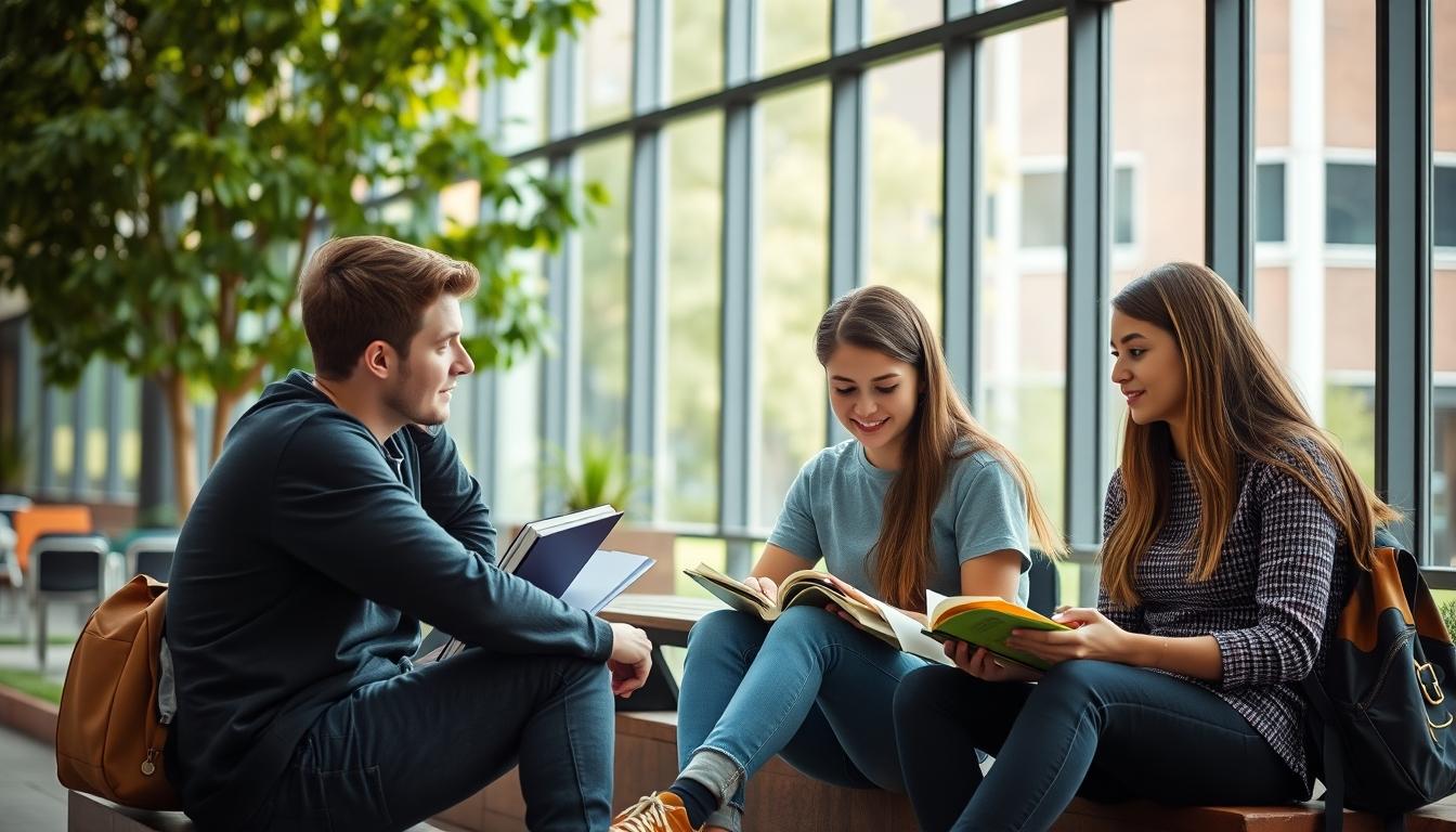 Students studying together in modern classroom